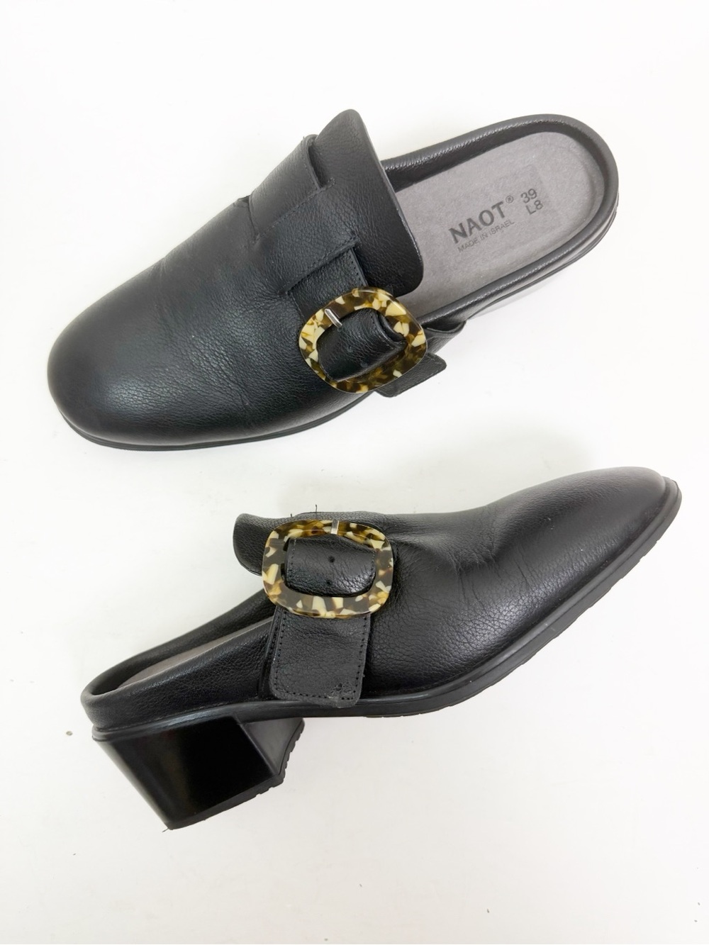 NAOT Choice Mule Tortoise Buckle in Soft Black Leather Size 39 US 8